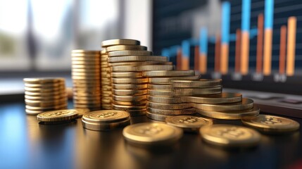 Business profits, rising bar graph with golden coins, 3D illustration. 