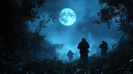 Obraz premium Three soldiers silhouetted under full moon in dense forest night scene