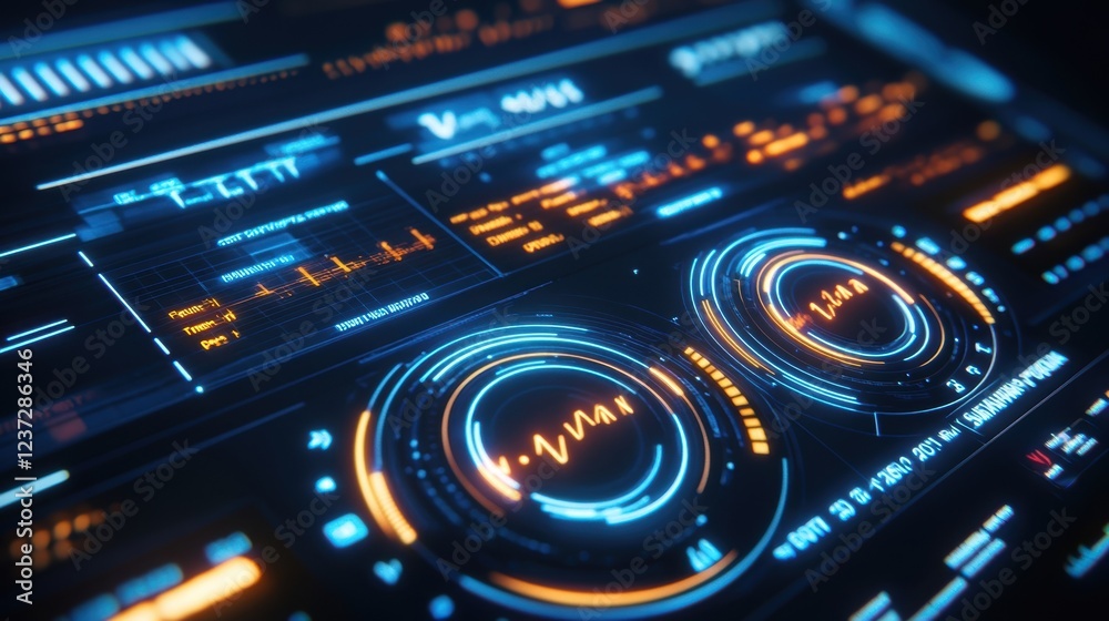 Poster futuristic interface displaying complex data analysis with glowing dials, charts, and technical read