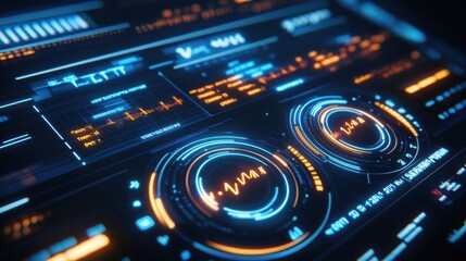 Obraz premium Futuristic interface displaying complex data analysis with glowing dials, charts, and technical readouts, embodying advanced technology and cutting edge innovation