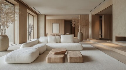 Elegant modern living room with white sofa, wooden accents, and large vases in minimalist design