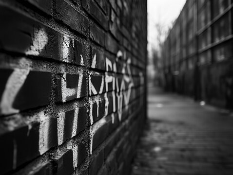 Graffiti wall with urban art in black and white. Street photography of graffiti on a brick wall in an alley