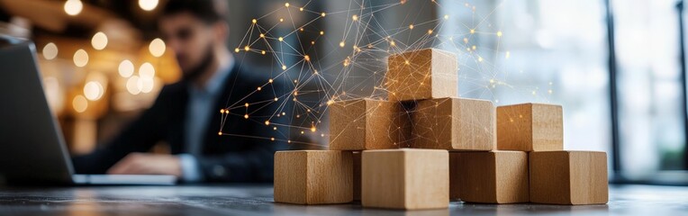 A conceptual business image featuring wooden blocks and a futuristic digital network overlay. Ideal for topics like technology, strategy, innovation, and leadership