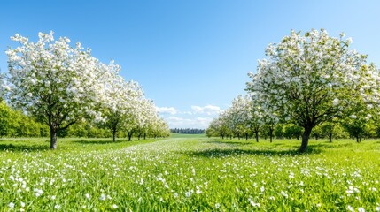 Obraz premium Blossoming apple orchard, spring day, sunny field, nature scene, idyllic landscape