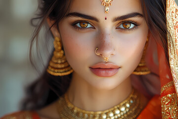 Close-up of a beautiful woman's face with focus on her eyebrow, lips, and skin. She is wearing elegant jewelry and has a striking beauty.