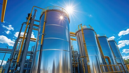 Green Tech.Hydrogen storage tanks at a hydrogen production plant under a bright blue sky with sunlight reflecting off their shiny surfaces