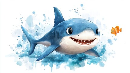 Friendly cartoon shark with smiling fish in watercolor ocean scene