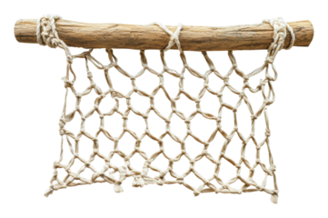 Fishing net attached to a wooden pole isolated on transparent background