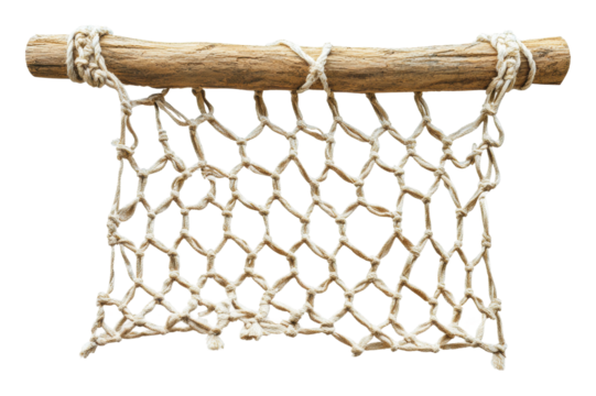 Fishing net attached to a wooden pole isolated on transparent background