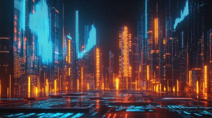 Obraz premium Economic boom, futuristic city with profit charts, 3D illustration. 