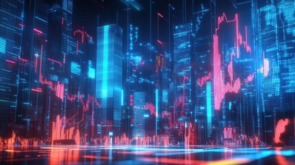 Economic boom, futuristic city with profit charts, 3D illustration. 