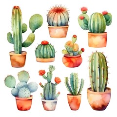 Fototapeta premium Collection of Ten Watercolor Cacti in Terracotta Pots