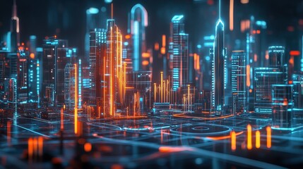 Obraz premium Economic boom, futuristic city with profit charts, 3D illustration. 