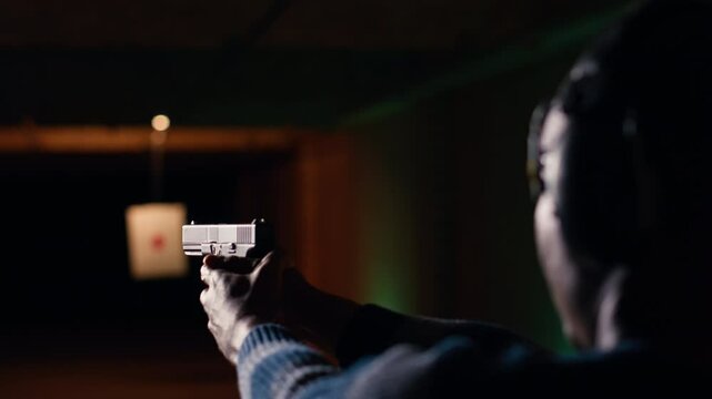 Person wearing safety glasses loading pistol ammo magazine during firearm practice session at shooting range. Close up of BIPOC man reloading gun, learning self defense, pointing weapon