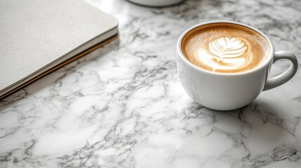 White coffee cup on marble surface with latte art beside a notebook on a bright morning