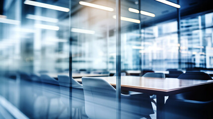 Fototapeta premium A spacious conference room features sleek glass walls, a large wooden table, and several empty chairs, bathed in natural light during the day - Generative AI