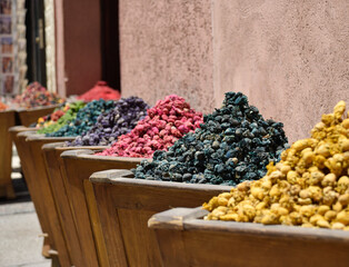 Different dried cocoons for aromatherapy and teas displayed in zouk at Marrakesh