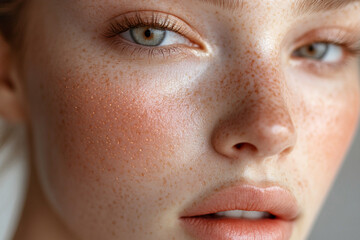 Naklejka premium Close-up of a young woman with freckles showcasing natural beauty and luminous skin in soft lighting
