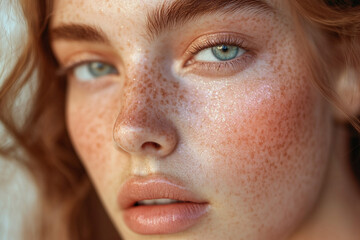 Naklejka premium Close-up of a young woman with freckles and striking blue eyes showcasing natural beauty