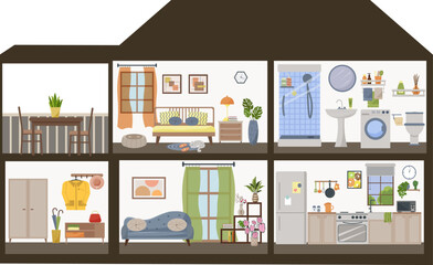 Cottage with furnished rooms. Dollhouse in section. Hallway with wardrobe, cabinet and clothes rack. Living room with sofa and flowers. Kitchen with furniture and utensils. Bathroom with shower and