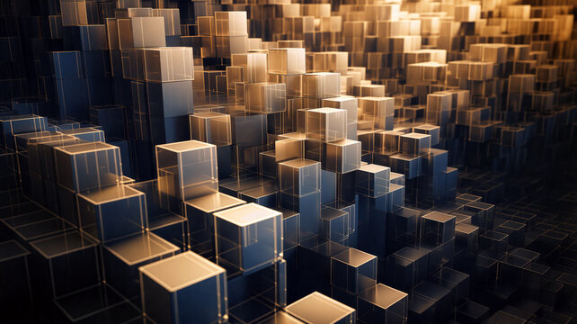 A striking composition of transparent cubes arranged in layers, illuminated by warm golden lighting, creating a three-dimensional effect in a digital environment - Generative AI
