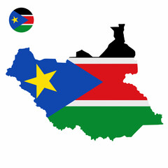 Vector set of South Sudan high detailed map flag and national flag round badge isolated on white background.