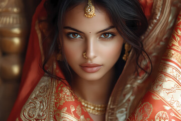 A beautiful woman in traditional attire with elaborate jewellery and makeup at a temple.