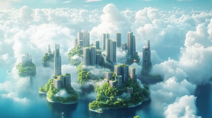Futuristic floating city islands amidst clouds and ocean with skyscrapers and lush greenery