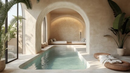 Fototapeta premium Luxurious indoor pool with tropical plants and lounge area in modern mediterranean setting