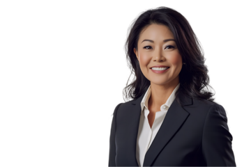 Asian businesswoman in a suit, smiling nicely, isolated on white background