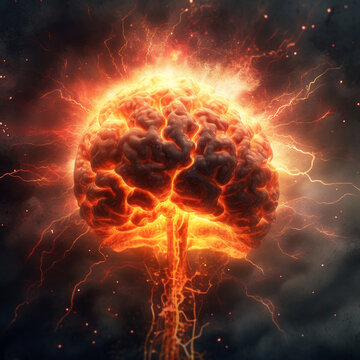 Fiery brain-shaped explosion with electric energy and smoke. Conceptual digital painting of intelligence, power, and destruction.