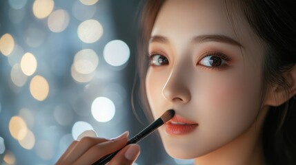 Fototapeta premium Woman applying makeup with brush in soft focus background of sparkling lights