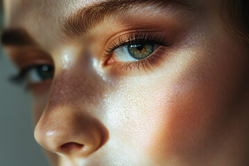 Fototapeta premium Close-up view of a person's radiant skin and expressive eyes illuminated by soft natural light
