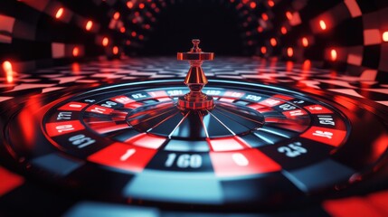 Fototapeta premium Roulette wheel in motion with vibrant red and black lights in a casino setting