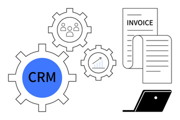 CRM represented in a blue gear, connected to a gear with people icons and a graph. Nearby, a long invoice and laptop. Ideal for business automation, marketing, customer service, efficiency, financial