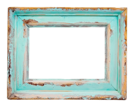 Distressed turquoise wooden frame isolated on transparent background