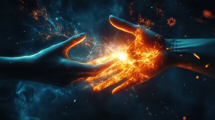 Human hands glowing as they fight viral particles, [resilience, health symbolism], inspiring art of human strength against disease.