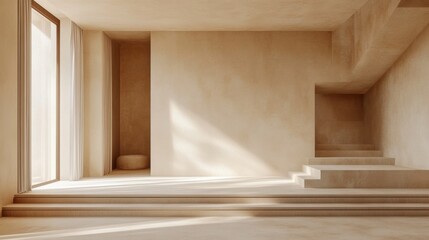 Minimalist beige interior with sunlight casting shadows on textured walls and sleek staircase