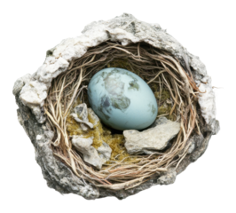 Nest with blue egg surrounded by twigs and stones isolated on transparent background