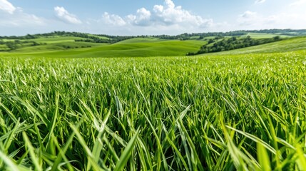 Obraz premium Lush green rolling hills farmland landscape, sunny day