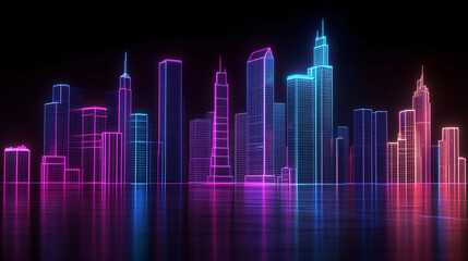 A neon futuristic city skyline with glowing pink and blue skyscrapers reflecting on water giving a cyberpunk inspired digital landscape  
