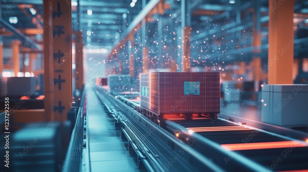 Poster packages moving on an automated assembly line in a modern factory, utilizing artificial intelligence
