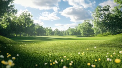 Sunny meadow with lush greenery and daisies under blue sky and white clouds