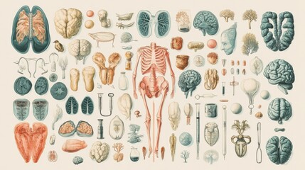 Vintage medical illustration of human anatomy bones, organs, and tissues collection