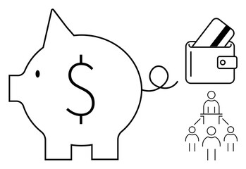 Piggy bank with dollar sign, wallet with credit card, hierarchical team structure. Ideal for financial planning, savings strategies, team organization, money management, budget tracking, business
