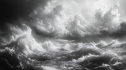 Intense depiction stormy seas with colossal waves under a dramatic sky, showcasing the ferocity nature's wrath