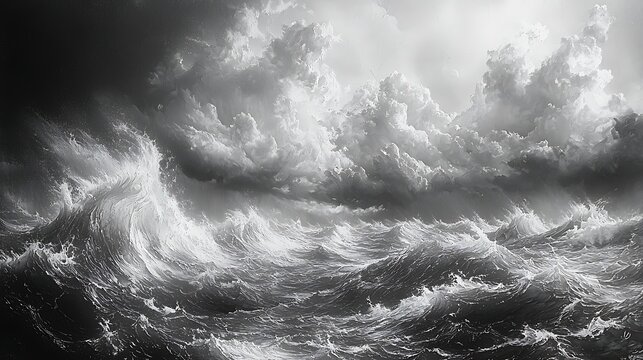 Intense depiction stormy seas with colossal waves under a dramatic sky, showcasing the ferocity nature's wrath