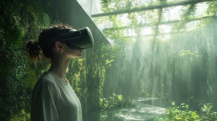 Young woman exploring virtual reality in lush greenhouse with sunlight filtering through leaves