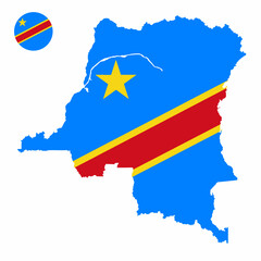 Vector set of Democratic Republic of the Congo high detailed map flag and national flag round badge isolated on white background.