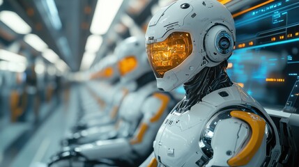 Fototapeta premium Futuristic robots in line with orange visors in high-tech environment, focus on robot closeup